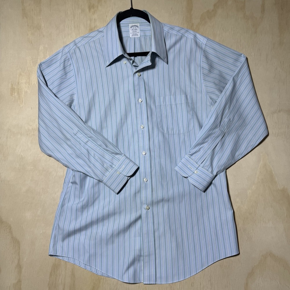Brooks Brothers Regent 16 32 Mens Blue Green Stripe Non-Iron Supima Cotton Shirt